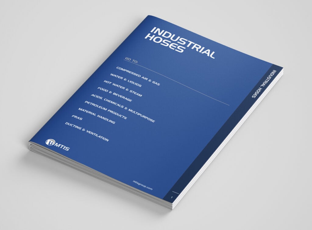 MTIS Industrial Hose Catalogue covering water and slurry, compressed air, FRAS underground mining applications, steam, food and beverage transfer, chemical handling, material handling, and ducting, stocked in Port Moresby PNG for rapid mobilisation.
