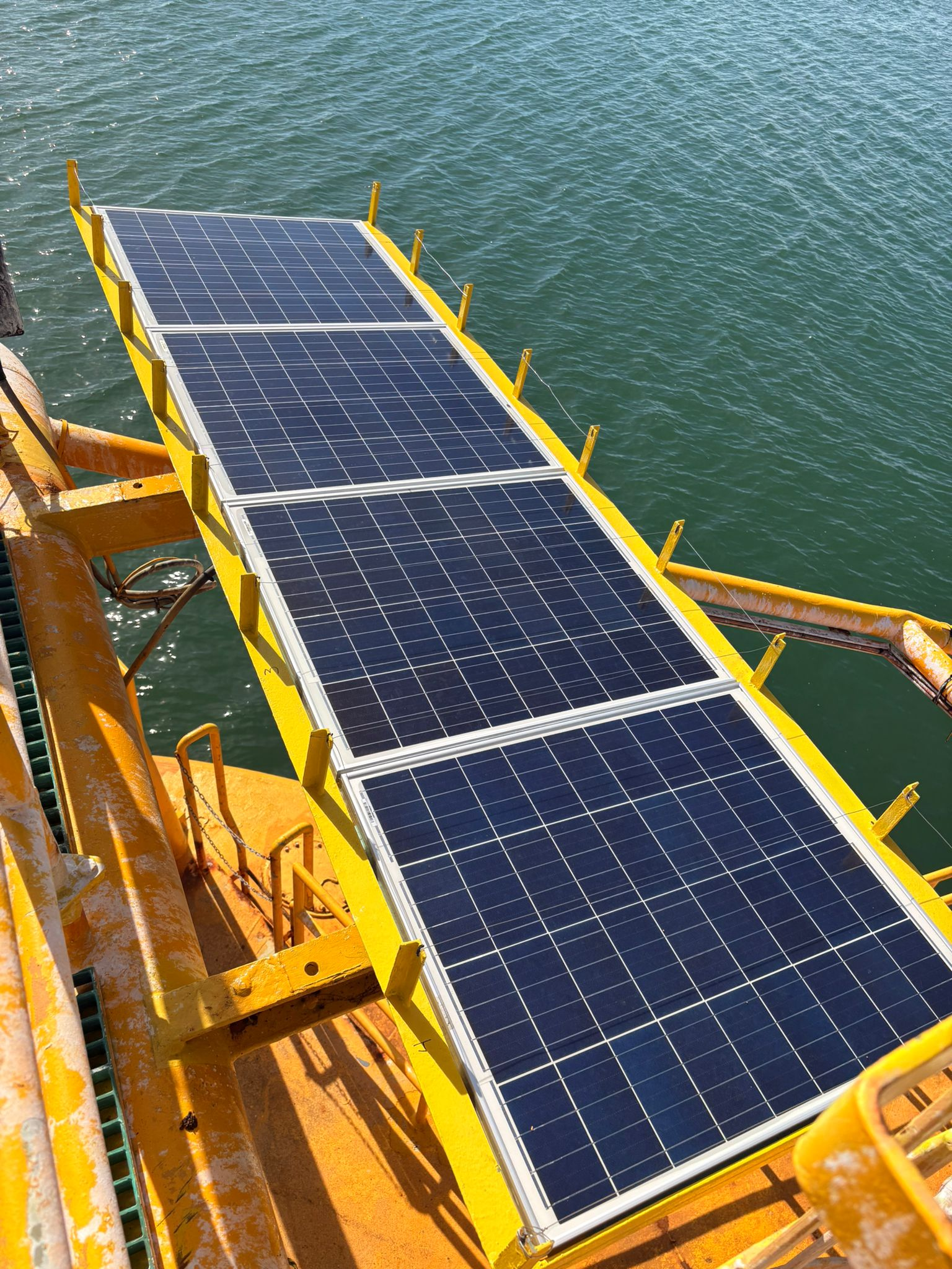 Solar array installed on a CALM buoy during MTIS solar replacement and re-cabling works at Kumul Platform in Papua New Guinea