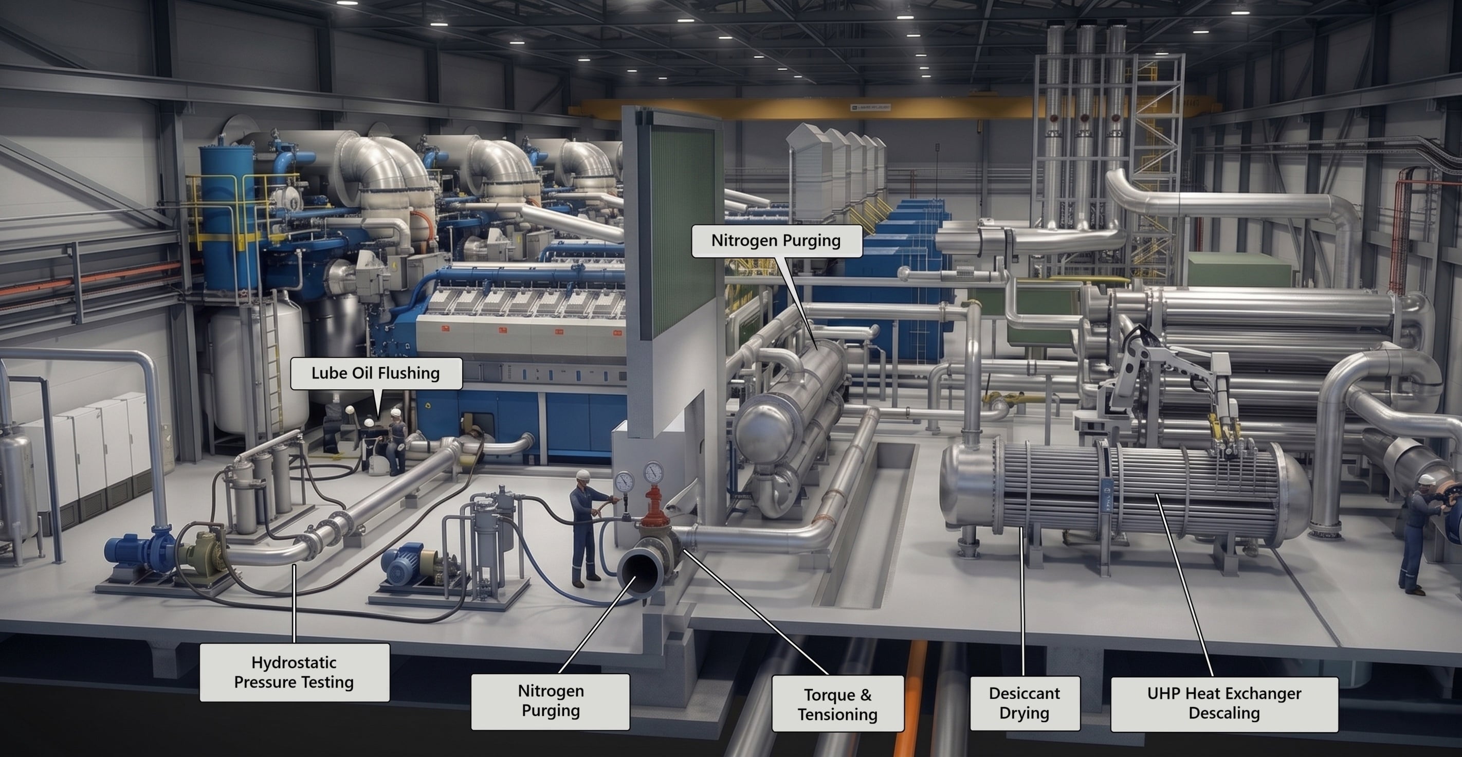 Diagram of MTIS pre-commissioning services at Port Moresby Power Station including lube oil flushing, pressure testing, nitrogen purging, desiccant drying, descaling and torque tensioning